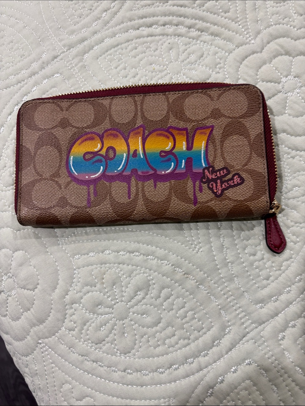 Coach Brown Signature Canvas Zip Wallet with Multicolor Graffiti Logo